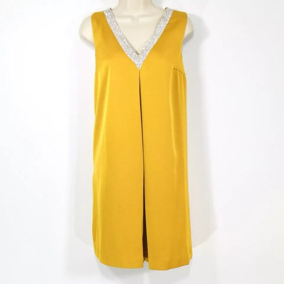 F & P Paris Marigold Satin Bejeweled Dress Sz M Open Flowing Back Panels - Picture 1 of 10